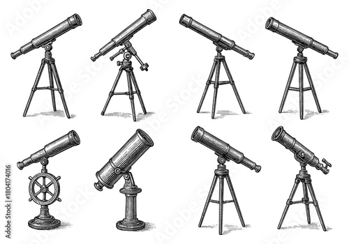 Set of vintage telescopes on tripods in classic sketch style