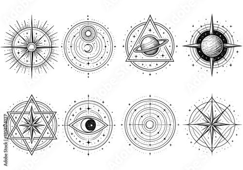 Vintage celestial symbols with geometric patterns and astrology elements