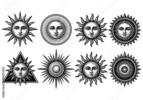 Vintage sun faces with ethereal expressions and intricate line art detail