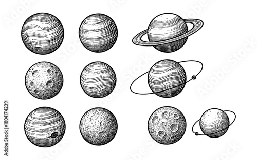Vintage planetary sketches: intricate line art of celestial bodies in black and white