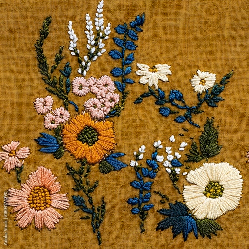 Close up of a vibrant embroidered floral bouquet with intricate detail on a textured background