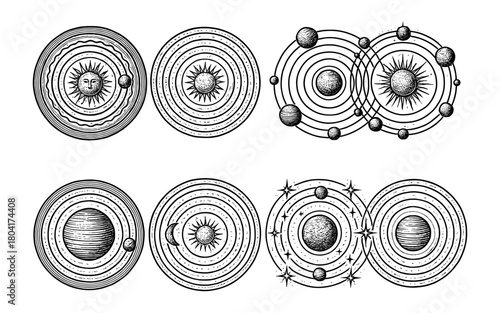 Intricate celestial diagrams: solar systems and planetary orbits in vintage style