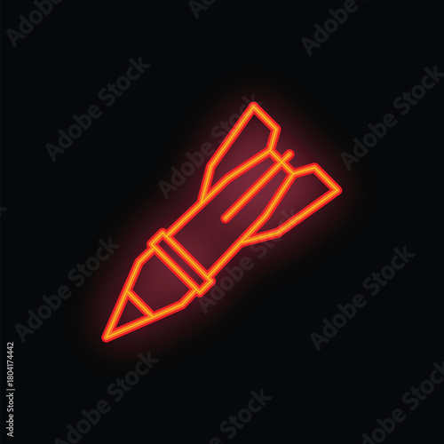 Glowing neon rocket is flying upward, leaving a bright orange trail in its wake