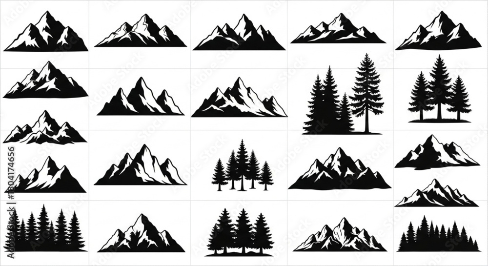 Fototapeta premium Black Silhouette Vector of Mountain Shapes and Pine Tree Variations, Simple Natural Outline Composition, Minimal Clean Design, Professional Nature Vector Sheet Illustration