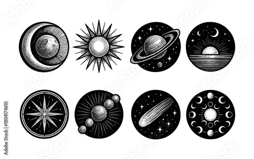 Vintage celestial icons set: moon, sun, planets, and stars in retro style