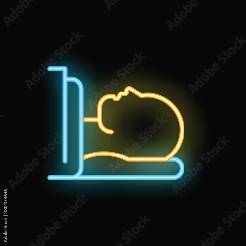 Neon sign representing a patient lying in a hospital bed, wearing an oxygen mask, evoking medical care and hospitalization