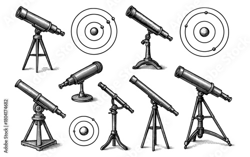 Vintage telescope designs with planetary orbits and astronomical details