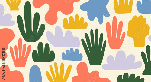 Vibrant abstract organic shapes in a playful, modern pattern creating a cheerful, energetic visual for creative projects