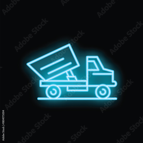 Bright blue neon sign depicting a truck unloading cargo, set against a dark background