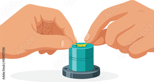 Hands placing a small yellow component onto a cylindrical teal mechanical part with precision