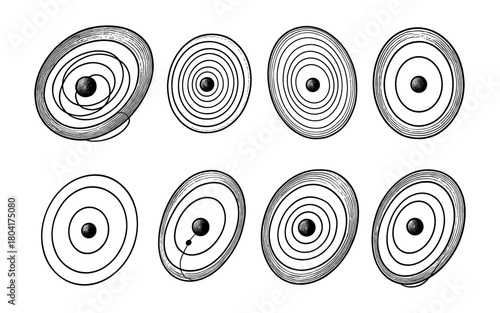Abstract series of isometric planetary orbit diagrams with circular patterns