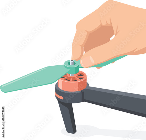 Hand installing a small drone propeller onto its motor base in a clean vector style