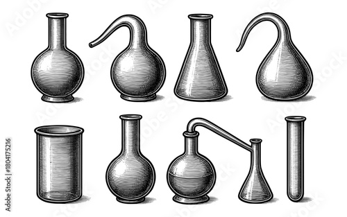 Vintage glass lab equipment collection: retro scientific apparatus in etching style