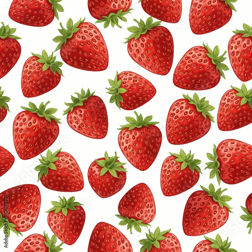 Vibrant red strawberries scattered across a clean white background creating a fresh and juicy pattern perfect for summer.