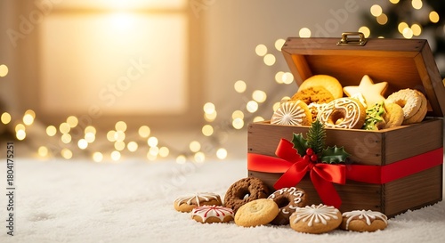 Assorted Christmas cookies in a decorative box with ribbon  
