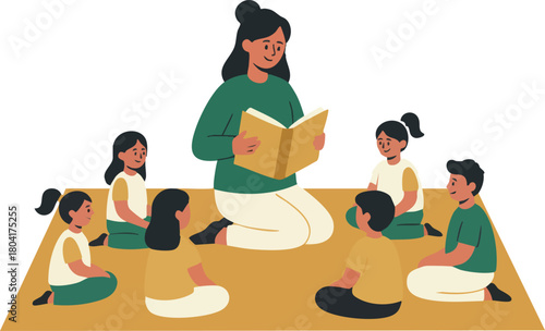 Teacher reading a book to a small group of children sitting together on a classroom mat