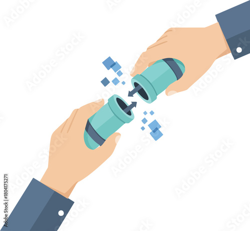 Two hands connecting teal-colored plugs, symbolizing linking, pairing, or joining components on a clean background