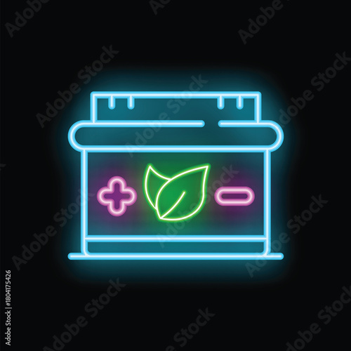 Neon sign of a container with a green marijuana leaf promoting natural treatment with cannabis