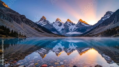 Majestic Mountain Peaks Reflected in Calm Lake at Sunrise Keywords: mountains, peaks