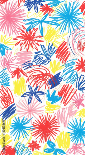 Vibrant abstract floral pattern with playful scribbles and bold colors, perfect for modern design and energetic backgrounds.