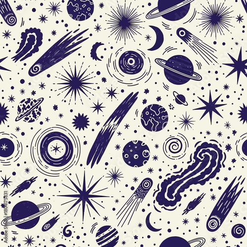 Whimsical cosmic pattern featuring planets moons stars and comets in a charming hand drawn style perfect for kids decor and celestial themes