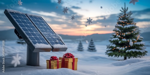 Solar panels are covered in snow alongside present boxes and a Christmas tree