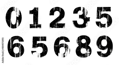 Bold distressed black numbers zero through nine create a striking graphic element for counting, data, or grunge design projects.