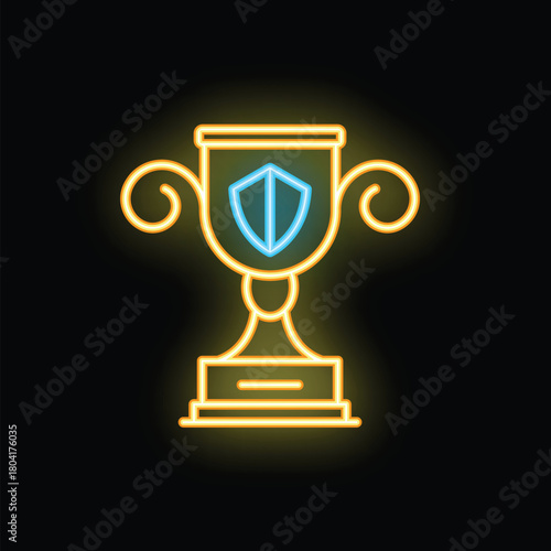 Glowing neon icon of a trophy award with a shield on it, representing winning at cyber security