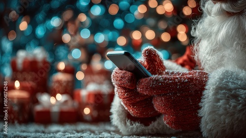 Santa hand holding mobile phone with empty screen in christmas day,holiday shopping online,light background,smartphone,banner sale gifts,Blank white screen,Mockup.