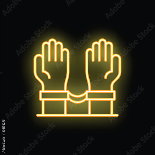 Glowing neon icon of hands wearing handcuffs, symbolizing captivity and lack of freedom