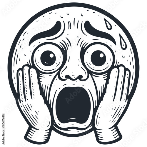 A terrified emoji face screaming in horror. Vector illustration of a shocked emoticon in a vintage, retro engraving or woodcut art style.