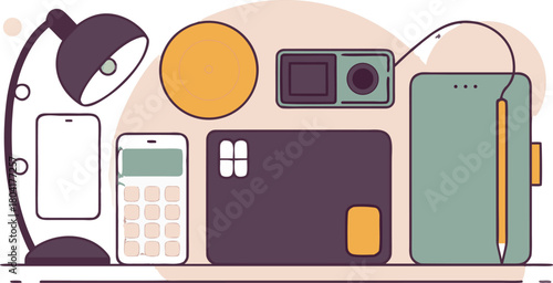 Minimalist work from home desk setup with technology devices and office supplies