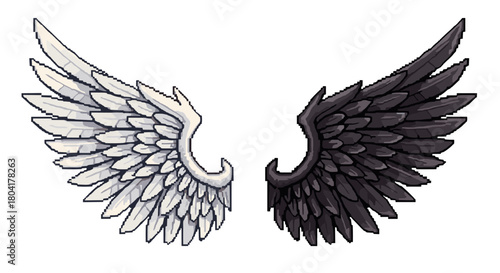 Pair of angel and demon wings in pixel art style, 8-bit feather details, spread wings, gothic digital aesthetic, black and white vector illustration, retro arcade style, symmetrical and asymmetrical 