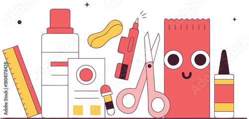 Cute vector illustration of craft and school supplies for kids projects
