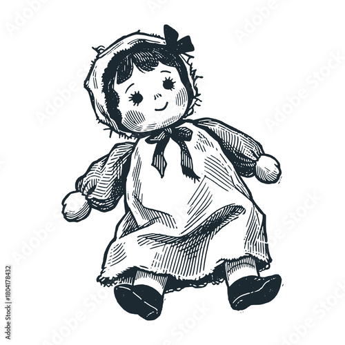 Rag Doll vintage toy – Black and White Icon Vector and Illustration