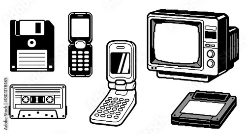 Retro 90s technology and gadget pixel art vector icons set with Y2K devices