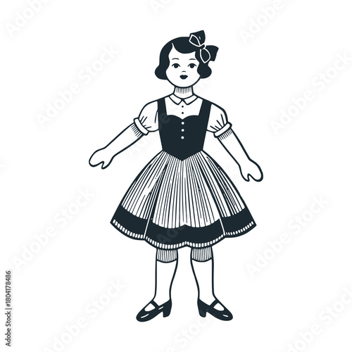 Paper Doll vintage toy – Black and White Icon Vector and Illustration