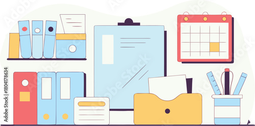 Office organization supplies desk setup business management vector illustration