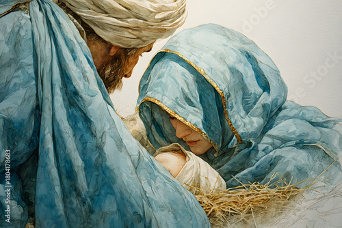 Holy family, Christmas, nativity, Mary, Joseph, Jesus, birth of Jesus Christ, Bethlehem, watercolour illustration 