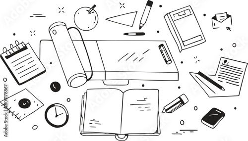 Education and workspace sketch objects flat lay outline drawing vector