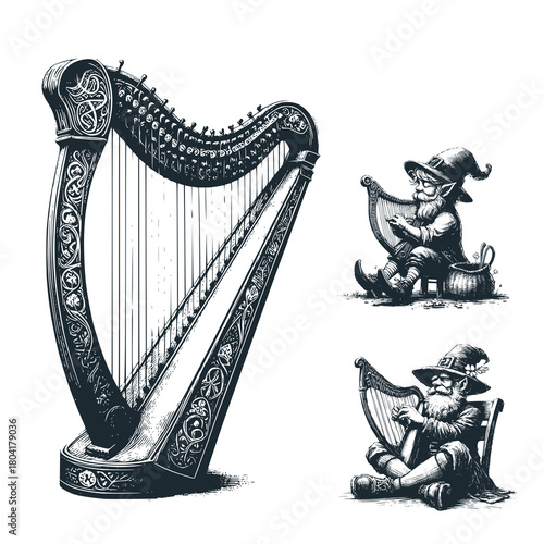 St Patrick play harp. Leprechaun. – Black and White Icon Vector and Illustration