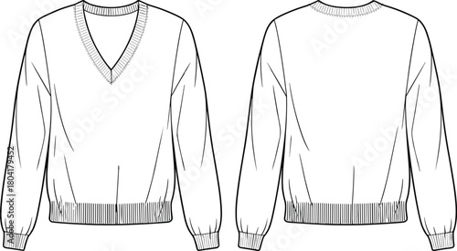 Long sleeve sweater, V-neck front, crew neck back, ribbed cuffs, waistband, fashion design, cad drawing, flat vector illustration