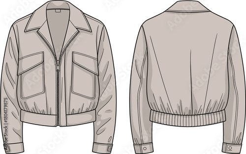 Technical jacket fashion sketch, front and back view, flap pockets, zip closure, ribbed waistband, cad drawing flat vector illustration