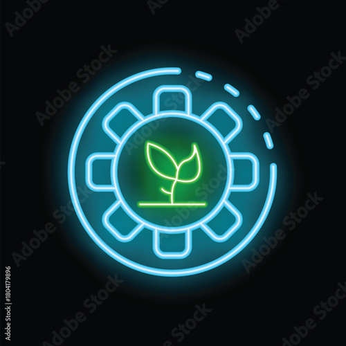 Neon sign depicting a green sprout growing inside a gear, symbolizing smart farming technologies and innovation in agriculture