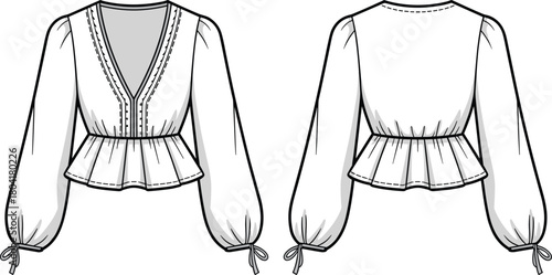 Women's blouse technical fashion sketch, front and back view, puff sleeve, peplum hem, tied bow cuff, cad drawing flat vector illustration