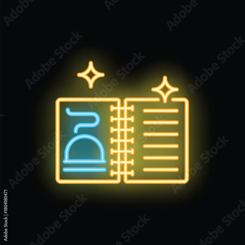 Glowing neon sign representing restaurant menu with list of dishes and cloche on cover, concept of cafe or restaurant menu