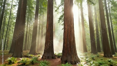 Sunlight beams through giant redwood trees in a lush forest