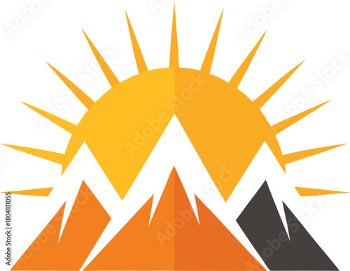 Abstract mountains with sun icon in orange and gray hues for outdoor themes