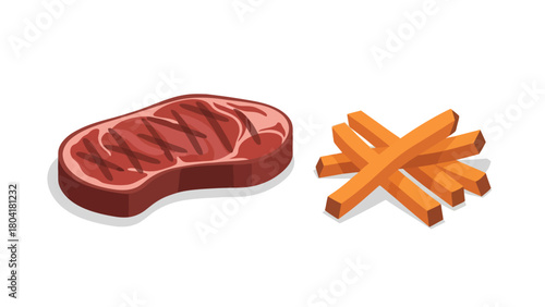 A grilled steak and a pile of fries on a white background