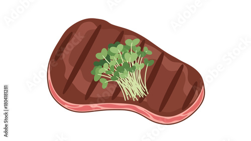 A grilled steak topped with microgreens on a white background